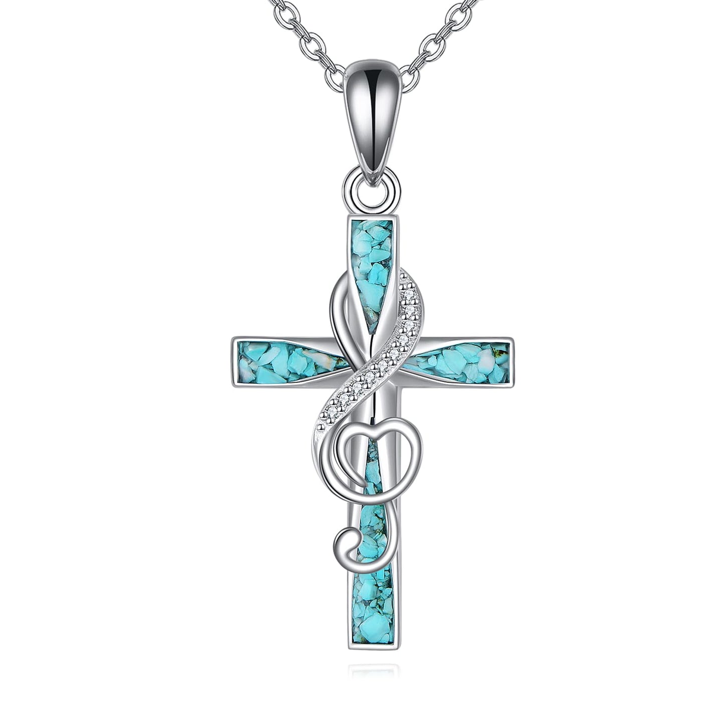 ONEFINITY Turquoise Cross Necklace 925 Sterling Silver Cross Pendant Music Necklace Religious Jewelry Gifts (Music Note Cross)
