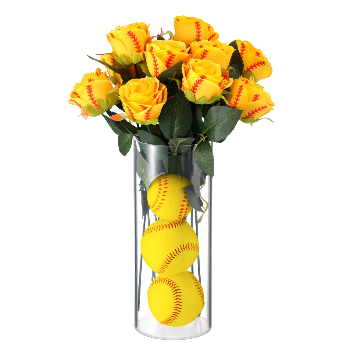Suncalla 12 Pcs Softball Rose with Leaves Bulk Artificial Fake Roses Decor Sports Flower Gifts for Table Centerpieces Graduation Wedding Gifts Sports Theme Rose Bouquet Party Favors