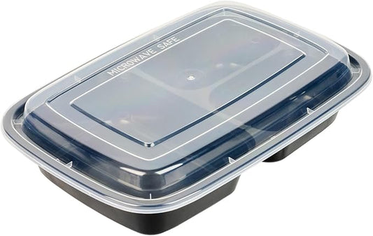 Restaurantware Asporto 26 Ounce Compartment Take Out Boxes 100 Microwavable Meal Prep Containers - 3 Compartments With Clear Plastic Lids Black Plastic Food Containers Do Not Contain BPA