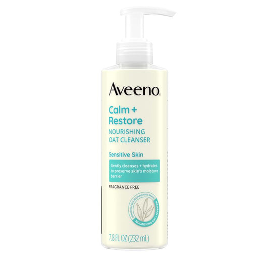 Aveeno Calm + Restore Nourishing Oat Face Cleanser, Daily Hydrating Facial Cleanser for Sensitive Skin with Nourishing Oat & Feverfew, Hypoallergenic, Non-Comedogenic, Fragrance-Free, 7.8 Fl Oz