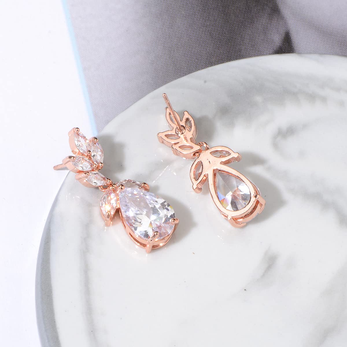 Cubic Zirconia Bridal Earring Rose Gold - Women’s Teardrop CZ Cluster Floral Leaf Crystal Rhinestone Dangle Drop Earring for Bride Bridesmaids Mother of Bride Party Prom
