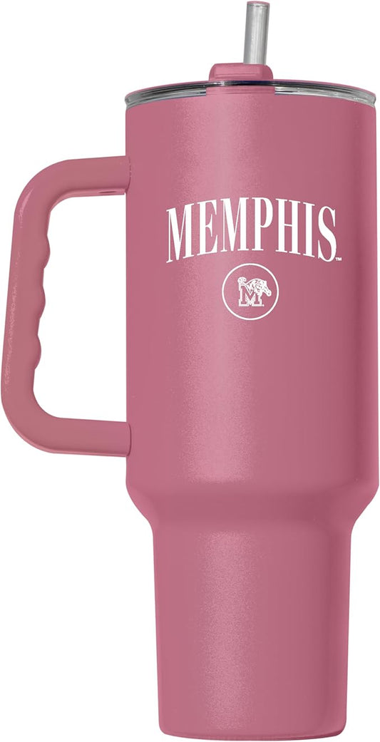 Logo Brands NCAA Memphis Tigers Berry 40 oz Tumbler with Handle - Stylish Everyday Use Powder Coated-Stainless Steel with Straw- Keeps Cold For Hours