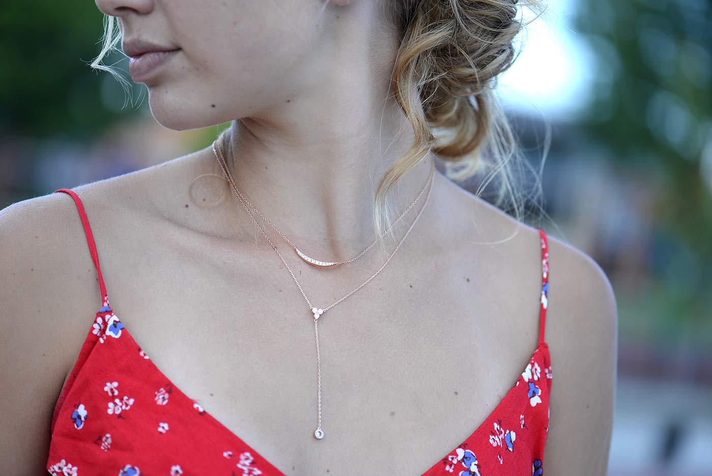 espere Womens Sterling Silver Dainty CZ Lariat Necklace Triple CZ Cluster Y-Shaped Necklace 18K Rose Gold Plated