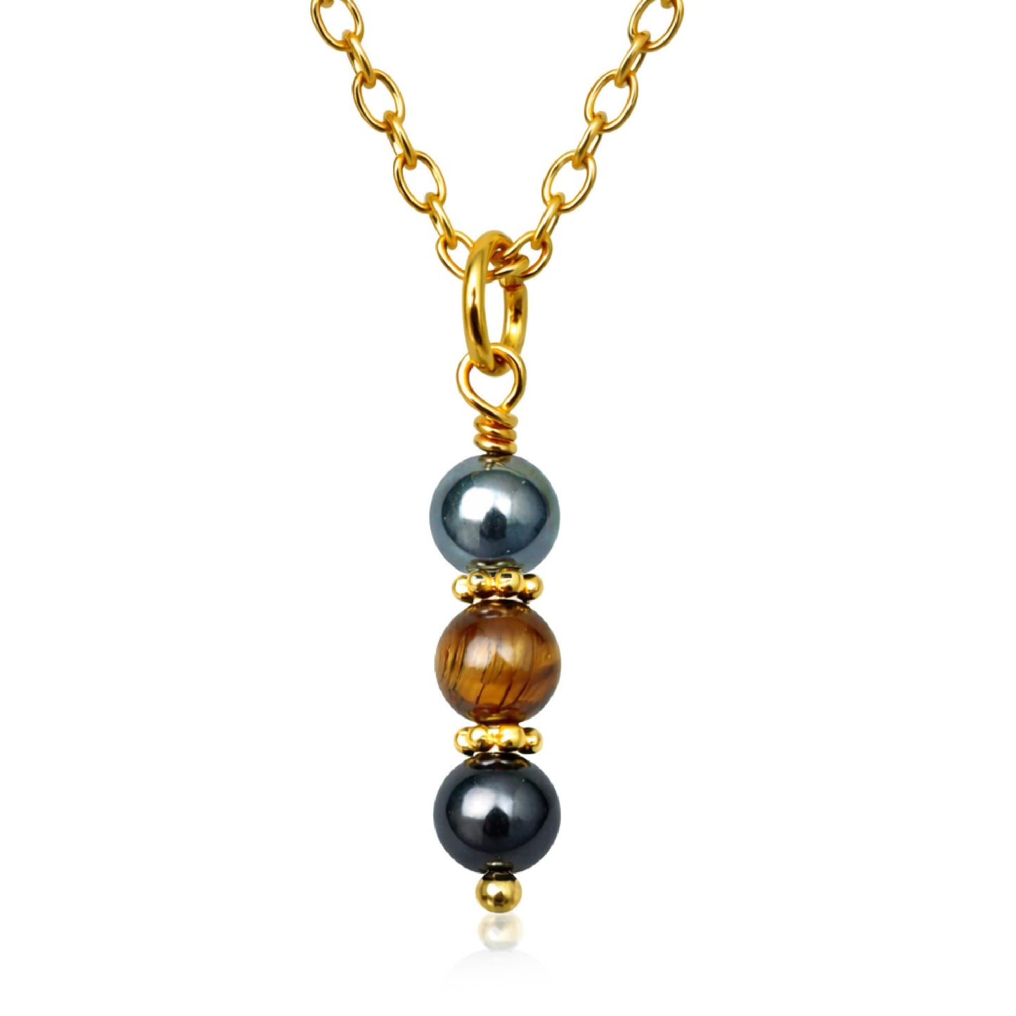 EnCharmed Gold Tone Triple Protection Necklace, Handmade Healing Jewelry for Luck Prosperity Happiness, Natural Hematite Tiger Eye and Black Obsidian Pendant, Spiritual Gift for Men or Women