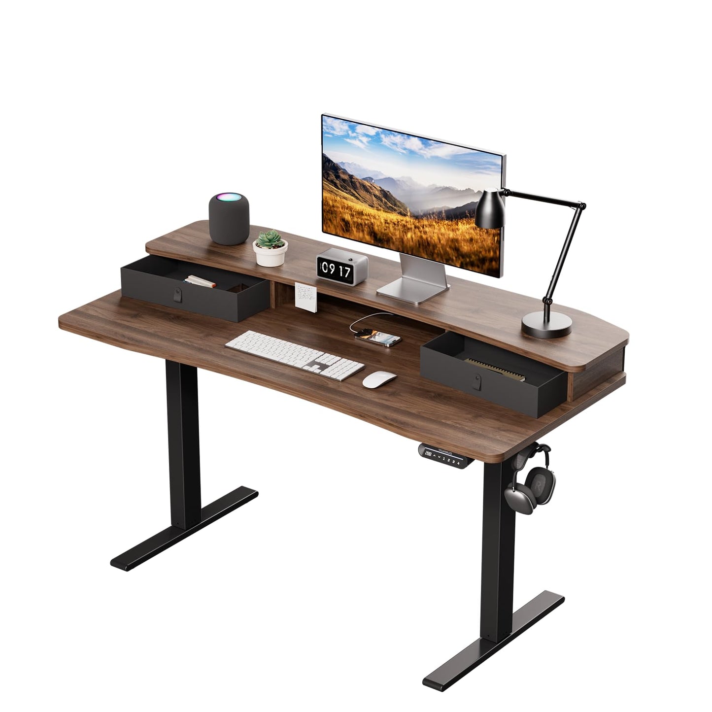 HUANUO 55" x 26" Electric Standing Desk with 2 Drawers, C-Clamp Mount Compatible, Height Adjustable Computer Desk, Home Office Stand Up Desk with 4 Preset Heights & 2 Hooks, Walnut