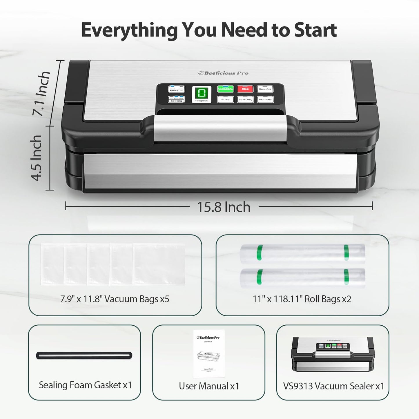 95kPa Vacuum Sealer Machine with AquaLock Technology, for Moist Seals, 2X Seal & 130W, Fully Automatic Food Sealer, Built-In Cutter, Bag Storage & Hose, Precision Sealing, 2 Bag Rolls,Stainless Steel