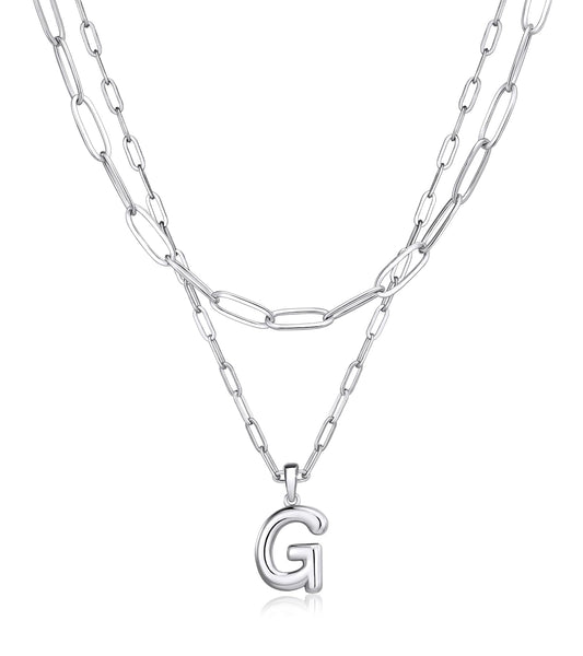 adoyi Silver Initial Necklace for Women 14k Gold Plated Layered Bubble Letter Necklaces Trendy Jewelry Chain Name G Pendant Necklace Stack Birthday Valentines Gifts