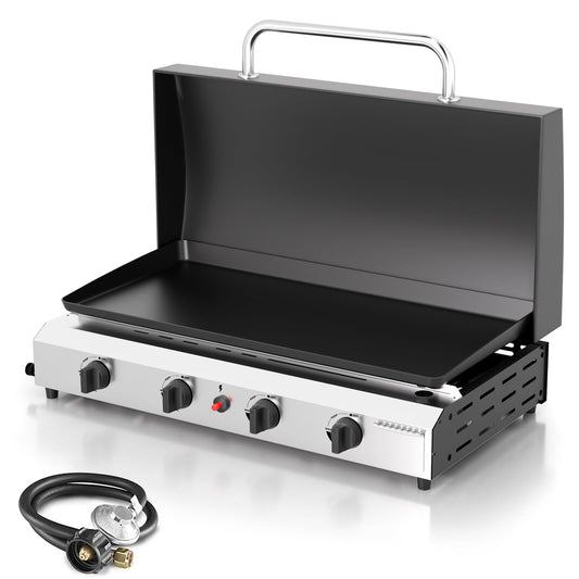ADREAK 4 Burner BBQ Gas Griddle with Hood, 30 Inch Stainless Steel Portable Detachable Propane Griddle, 60,000 BTU Flat Top Barbecue Grill with Lid for Camping
