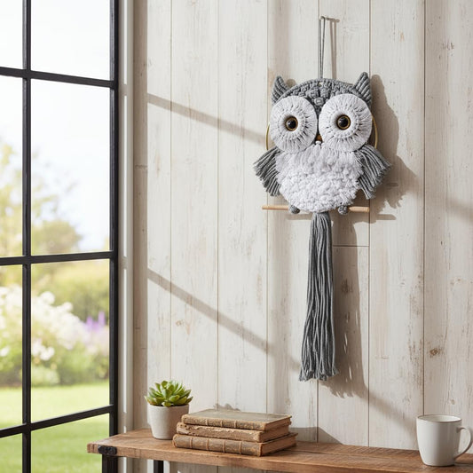 ACEDSGN Macrame Owl Wall Hanging Boho Hippy Decor, Handmade Tapestry Fiber Art Wall Decor for Nursery Bedroom Living Room, Sustainable Gift for Owl Lovers & Nature Fans