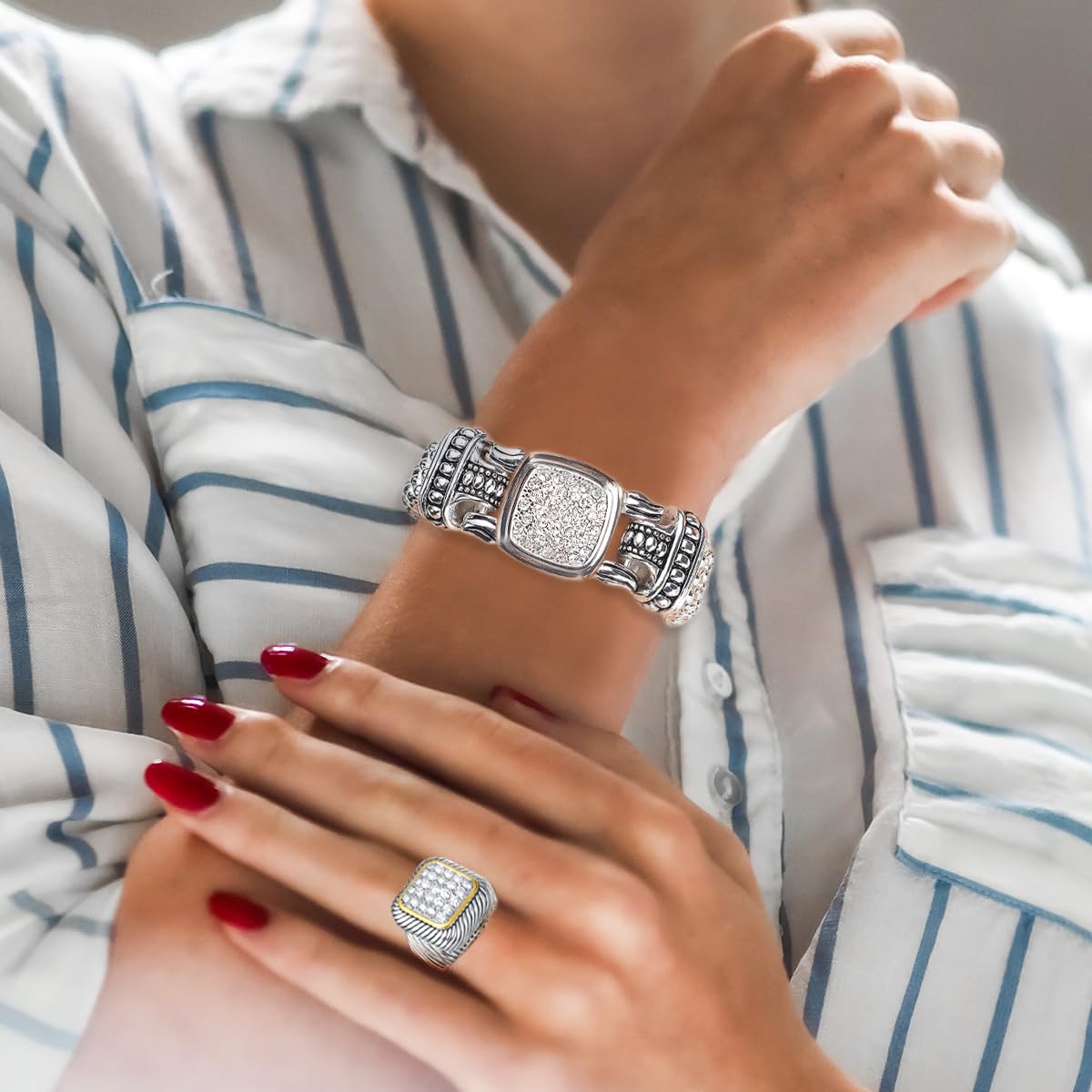 UNY Jewel Twisted Cable Ring Designer Inspired Fashion Brand David Square Pave CZ Women Two Tone Jewelry (White, 8)