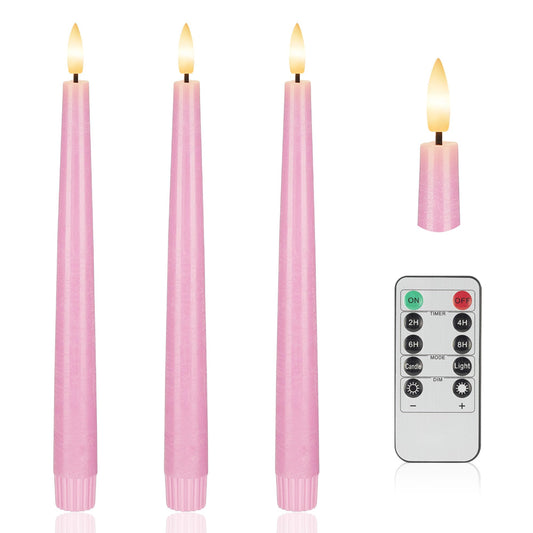 AFINETH Pink Flameless Taper Candles, 9.6" Battery Operated Candles with Remote, Real Wax Led Candle, Flickering Flameless Candlesticks for Home Party Wedding Romantic Night Decor