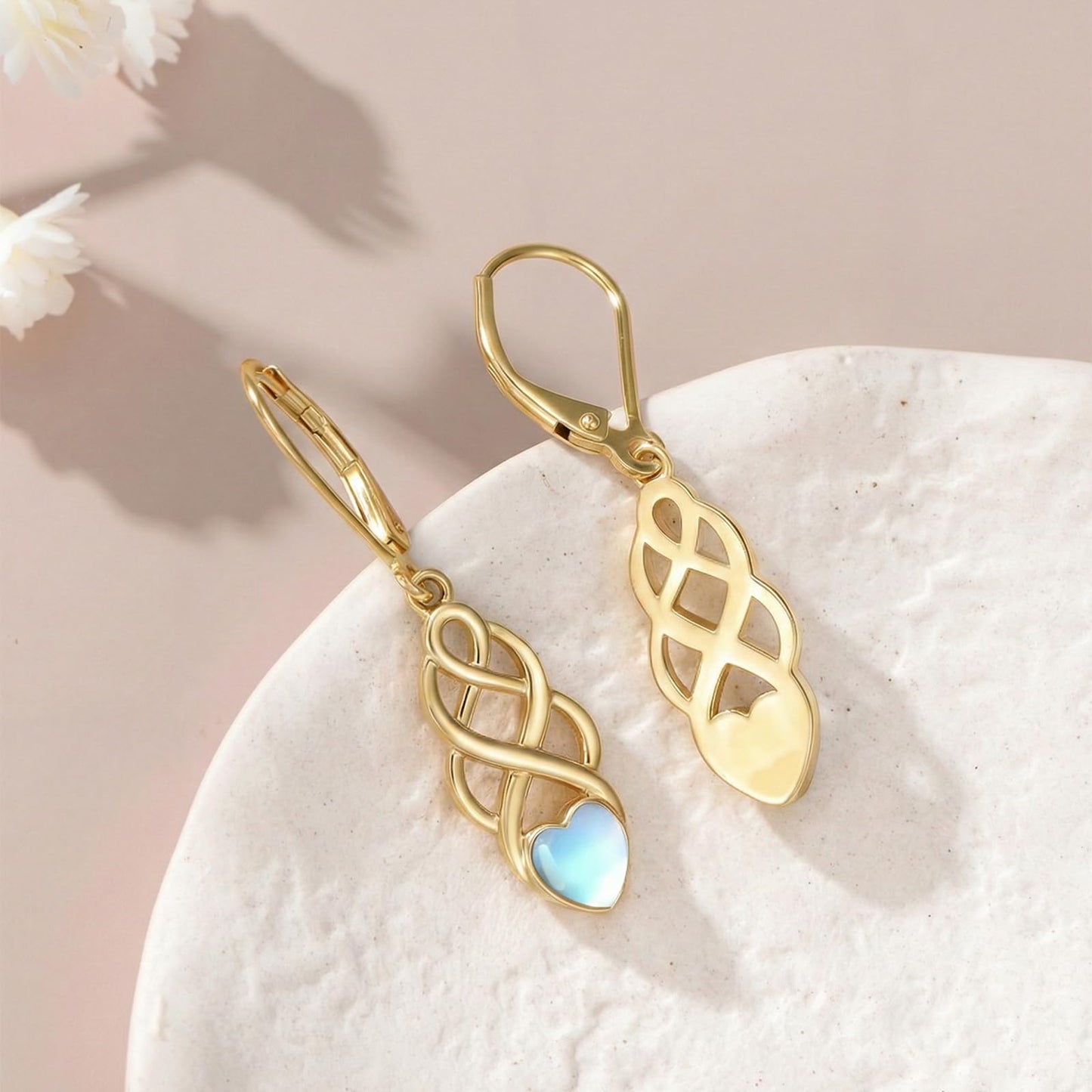 XPYPZP 14K Gold Celtic Knot Dangle Drop Earrings for Women Irish Celtic Heart Moonstone Leverback Earrings Ireland Jewelry Mothers Day Gifts for Mom Wife Girlfriend Her