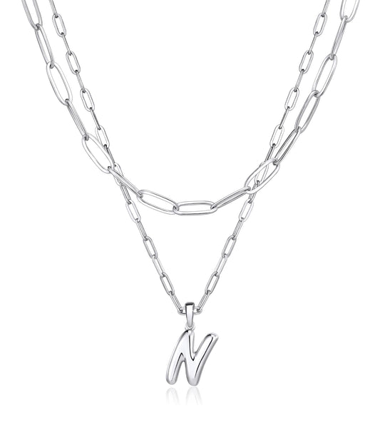 adoyi Silver Initial Necklace for Women 14k Gold Plated Layered Bubble Letter Necklaces Trendy Jewelry Chain Name N Pendant Necklace Stack Birthday Valentines Gifts