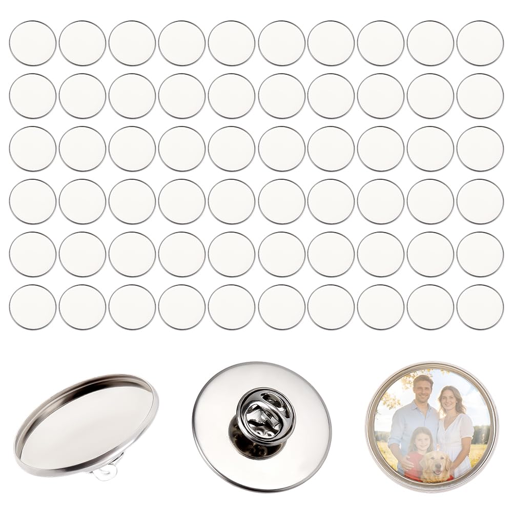 FINGERINSPIRE 60Sets Stainless Steel Color Brooch Base Butterfly Pin Backs DIY Blank Brooch Making Kit 304 Stainless Steel Material 25mm in Diameter Flat Round Tray for Craft Jewelry Projects