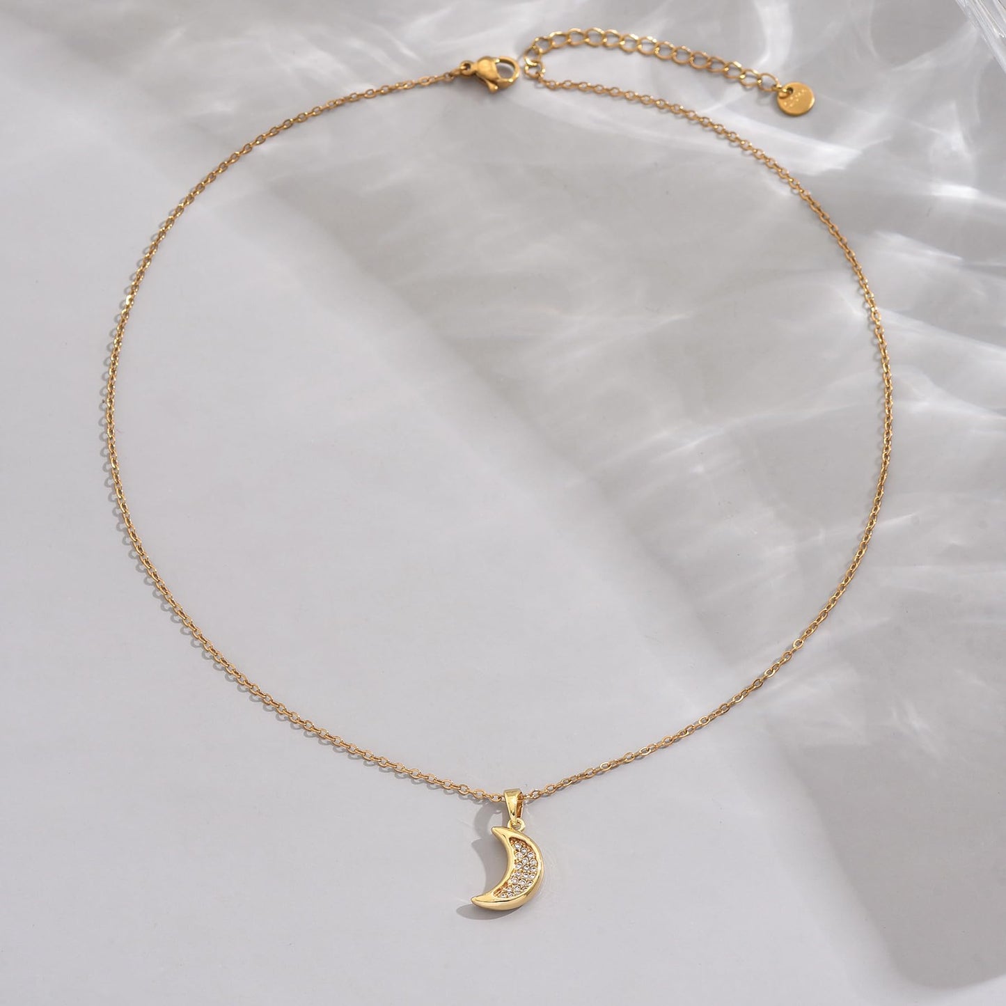 NONAMOIS 18K Gold Plated CZ Diamond Moon Pendant Necklace for Women Stainless Steel Dainty Gold Crescent Moon Choker Necklace Trendy Non Tarnish Jewelry