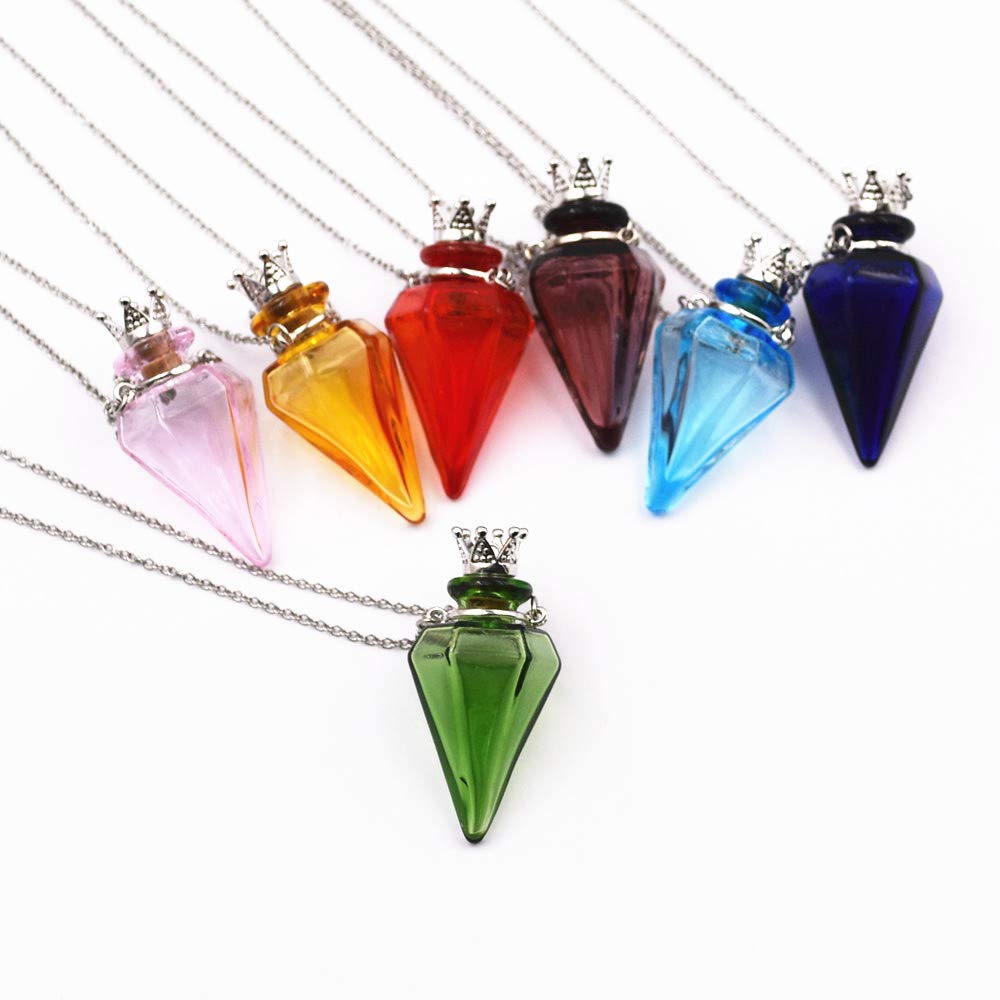 Colored glass Pendant Necklace Aromatherapy Perfume bottle necklace 50cm Stainless steel chain (Pink)