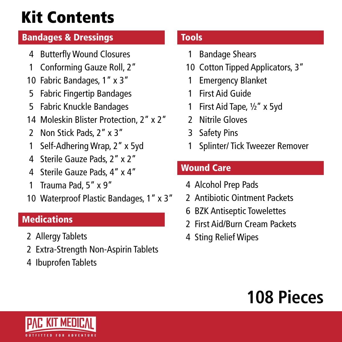 Pac-Kit Trailblazer 3 Outdoor First Aid Kit for Hiking, Camping and Outdoor Travel, 108 Pieces
