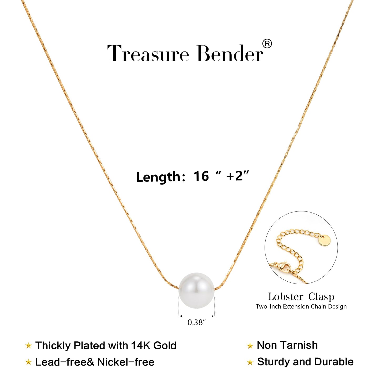 Treasure Bender Pearl Necklaces for Women Trendy, 14k Gold Plated Dainty Necklace Simple Pearl Drop Single Charm Pendant Necklace Birthday Wedding Gifts Gold Jewelry for Women
