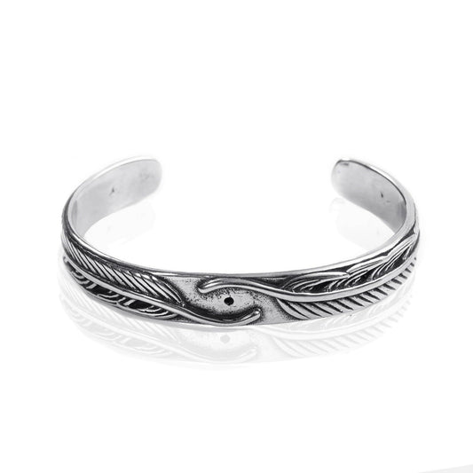 925 Sterling Silver Carved Feather Bangle Bracelet for Men & Women Vintage Boho Open Feather Cuff Bracelets Stackable Trendy Leaf Cuff Bangles Lucky Minimalist Wrist Band Retro Jewelry for Him Her