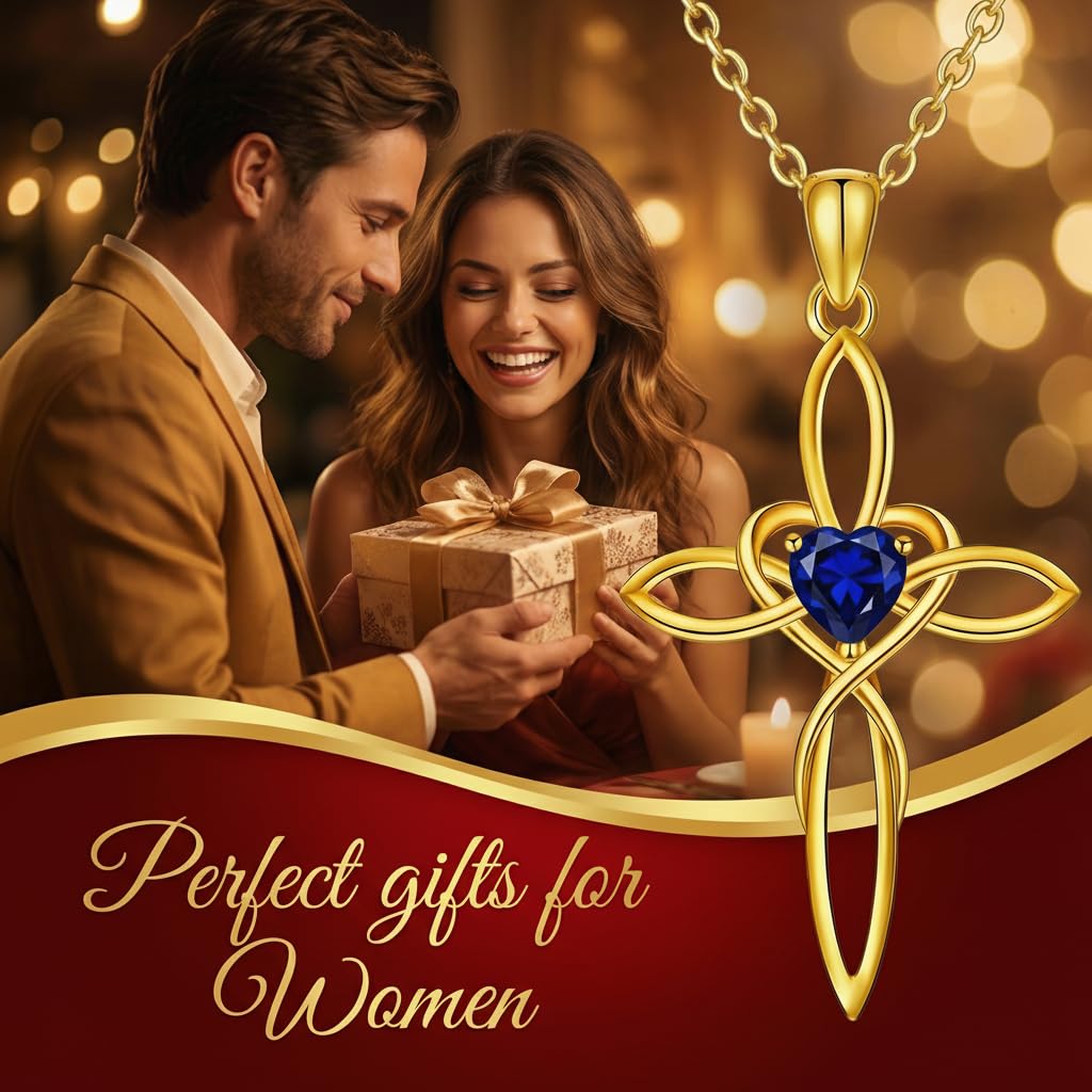 POIUY 14K Gold Celtic Knot Cross Birthstone Necklace for Women Irish Infinity Baptism Faith Heart Pendant Cross Jewelry Anniversary Valentines Birthday Mothers Day Gifts for Mom Wife Her