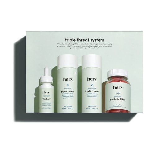 HIMS & HERS hers Triple Threat System Total Hair Package to Supports Hair Growth Minoxidil 2%, Shampoo, Conditioner, Biotin Hair Kit - 4pc
