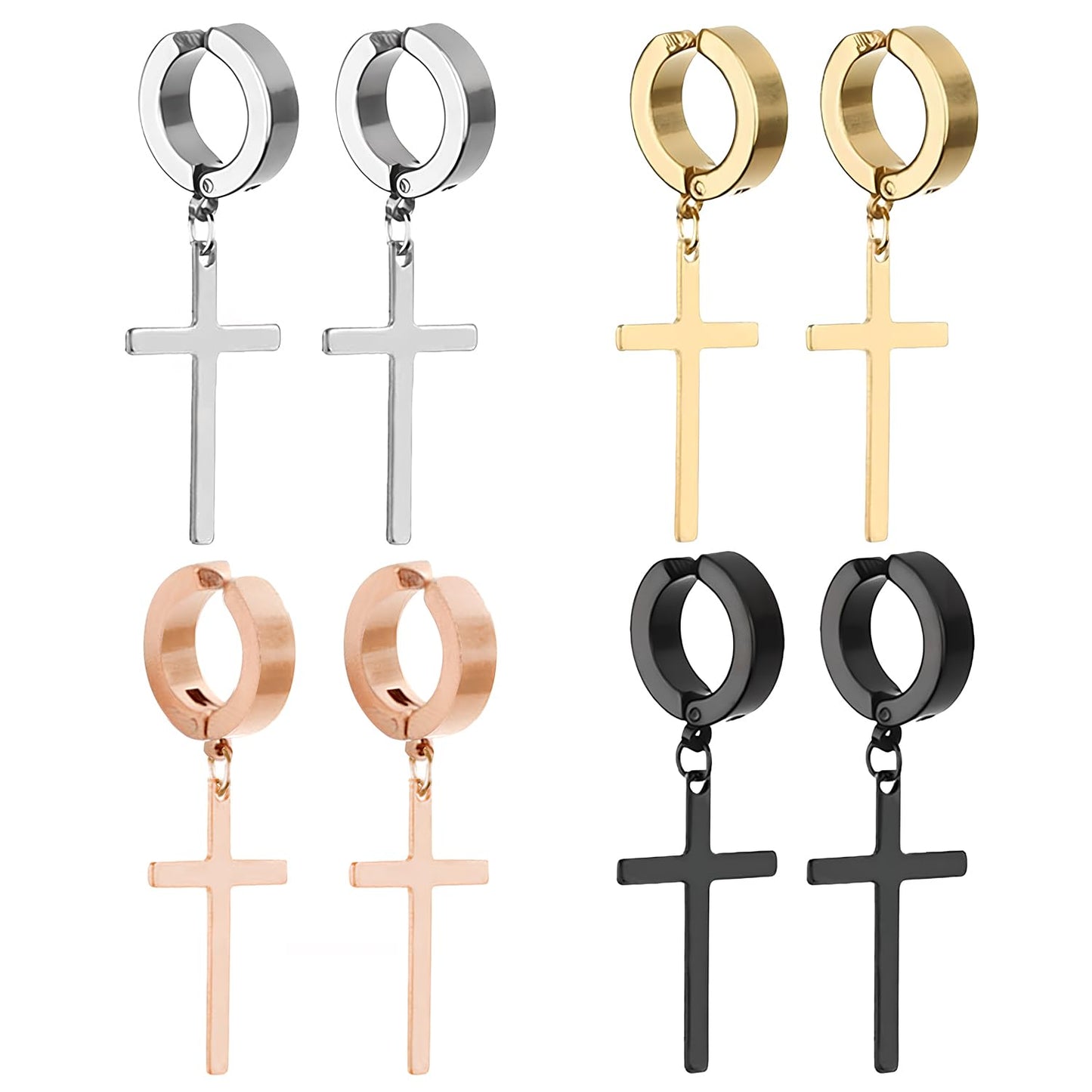 NEWITIN 4 Pairs Stainless Steel Magnetic Earrings for Men Clip on Earring Magnetic Stud Earring Unisex Non Piercing CZ Magnet Studs Diamond Cross Earrings for Women Men
