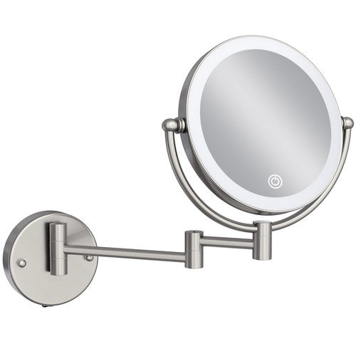 LEDOOLE Rechargeable Wall Mounted Lighted Makeup Vanity Mirror with Magnification, 8 Inch Double-Sided 10X Magnifying Bathroom Mirror, Light up Mirror Foldable, Vibrant Brushed Nickel