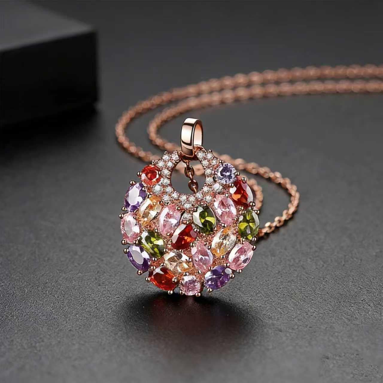 Kim Carrey Italian Elegant Rose Gold Necklace for Ladies | 18K Rose Gold Plated Necklace Pendant for Women | Gemstone necklace, Gift for Daughter, Wife, Mom, Her Jewelry (Floral Clutch)