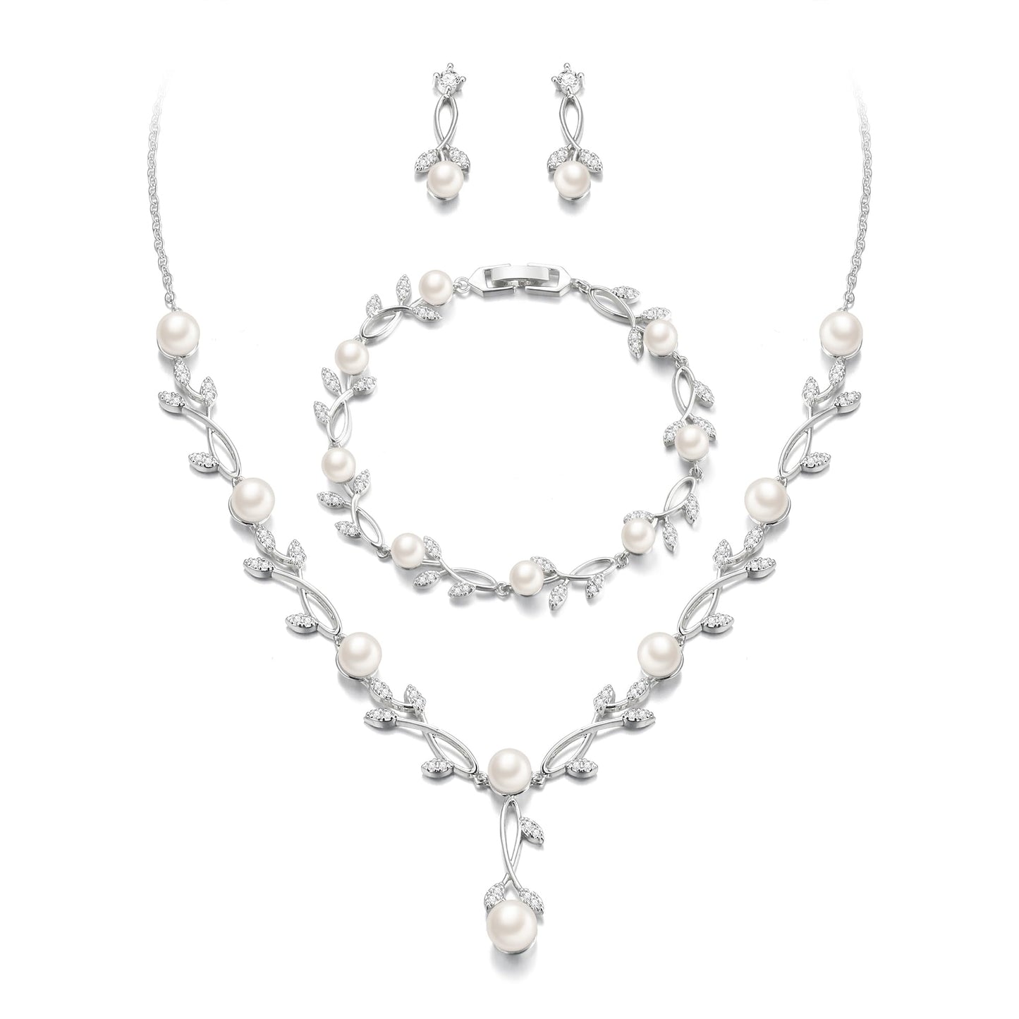 EVER FAITH Bridal Jewelry Set for Bride, White Gold-Plated-Brass Cubic Zirconia Simulated Pearl Leaf Filigree Prom Party Necklace Earrings Bracelet Sets for Women fit Wedding Dress