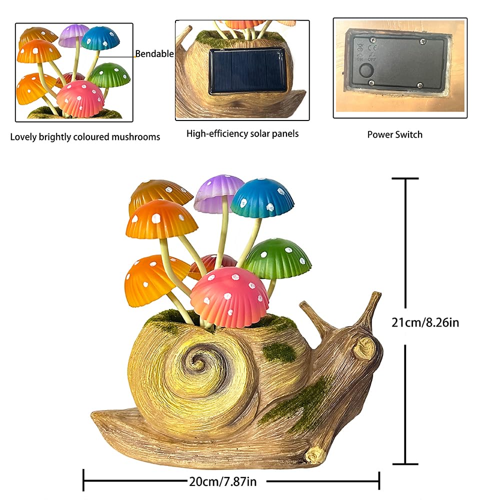 ZYLiWoo Solar Garden Snail Statue Gift, 1 Pack Solar Outside Snail Sculpture, Outdoor Patio Landscape Mushroom Decorative Art, Porch Deck Balcony Front Garden Decoration, Unique House Warming Gift