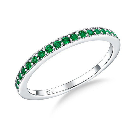 AGRULE Emerald Wedding Band Ring for Women May Birthstone Ring Sterling Silver Half Eternity Band Rings Green Anniversary Ring, Size 8