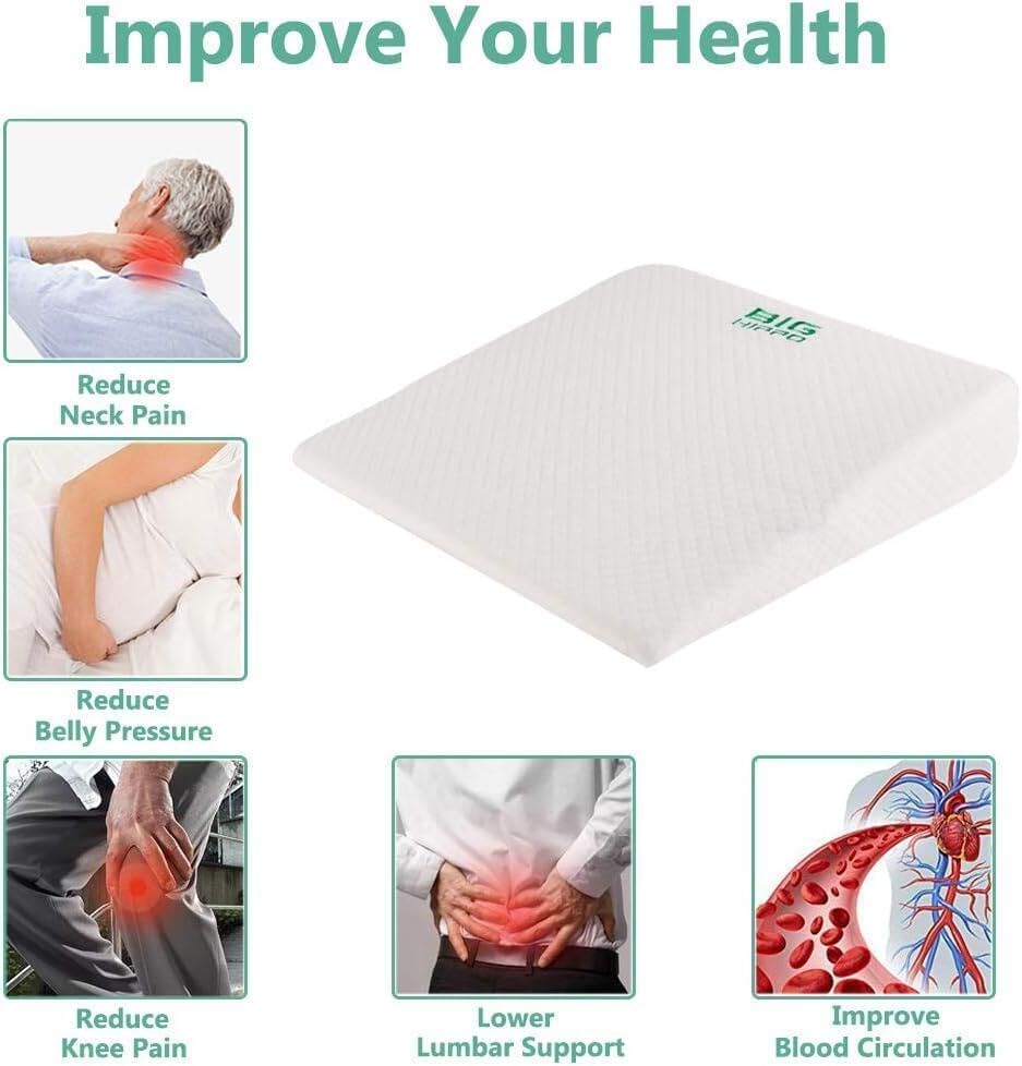 Big Hippo 7.5" Bed Wedge Pillow Memory Foam Cushion，Pillow Wedges for Sleeping and Acid Reflux, Leg, Neck Pain, Snoring, Include Removable Washable Cover, 24 x22 x7.5 inches