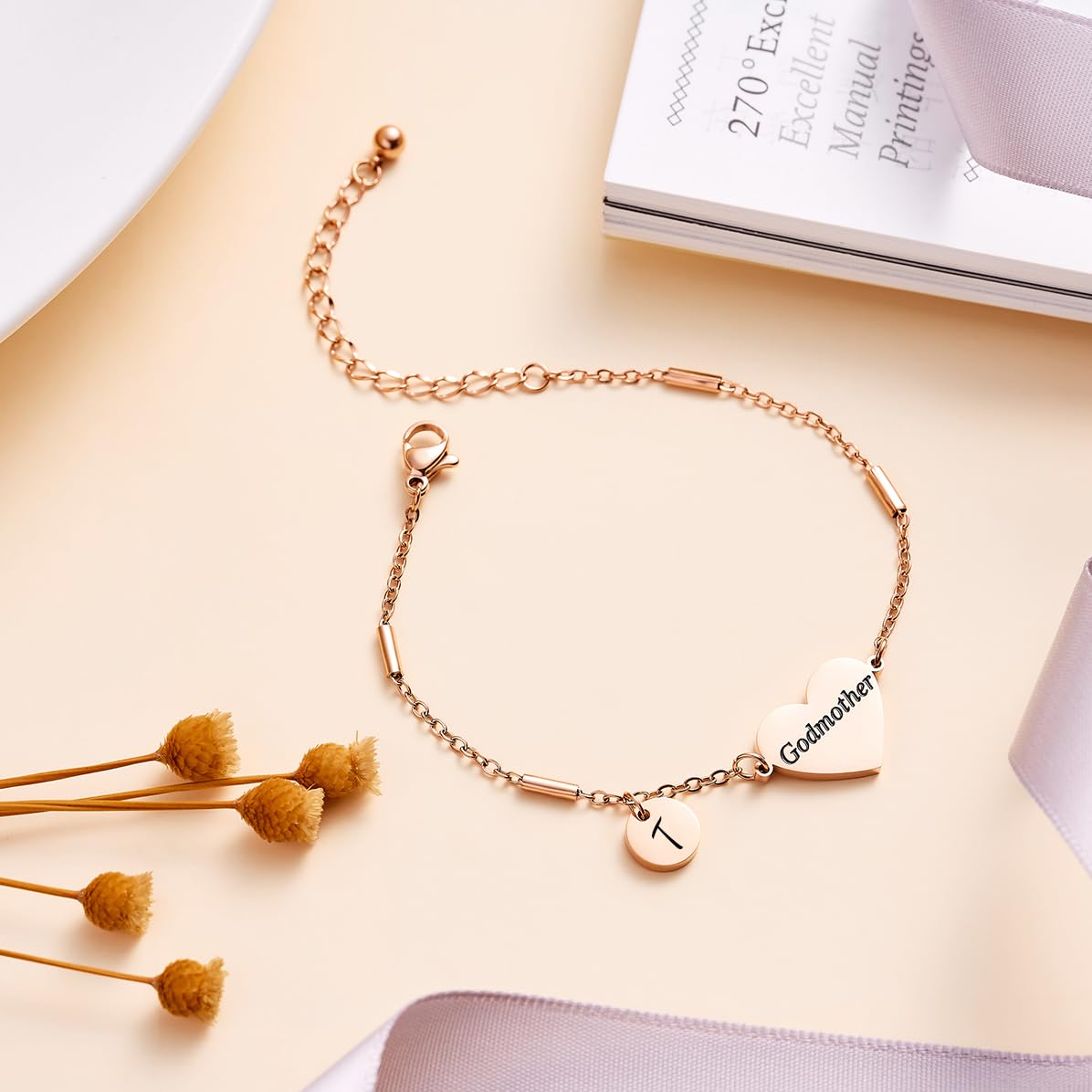 CHENVA Godmother Gifts Initial Bracelet Bangle for Women Gift for Godmother from Goddaughter (Godmother Bracelet-T-Rose Gold)