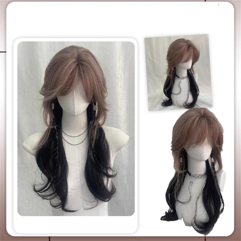 VVRPWASSLY Brown and Black Wig with Bangs Jellyfish Head Long Curly Hair High Temperature Silk Wig for Party
