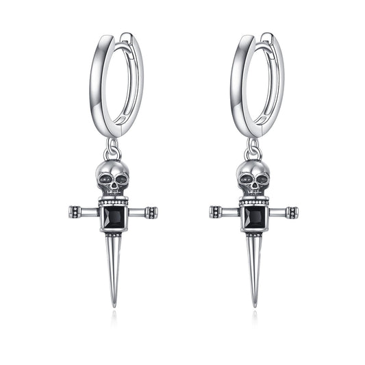 925 Sterling Silver Skull Cross Hoop Earrings Dangle Drop Earrings Huggie Halloween Jewelry Birthday Gifts for Women Men (Skull Cross)