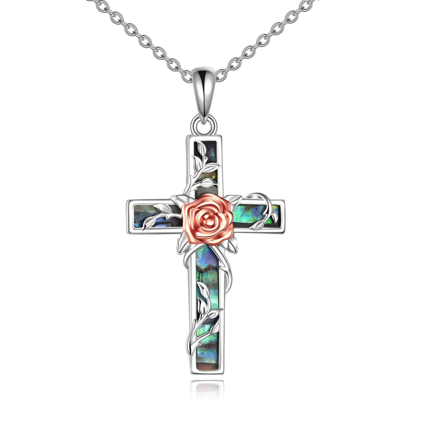 YFN Rose Cross Necklace Sterling Silver Flower Cross Pendant Abalone Shell Jewelry Religious Christian Baptism Gifts for Her Women