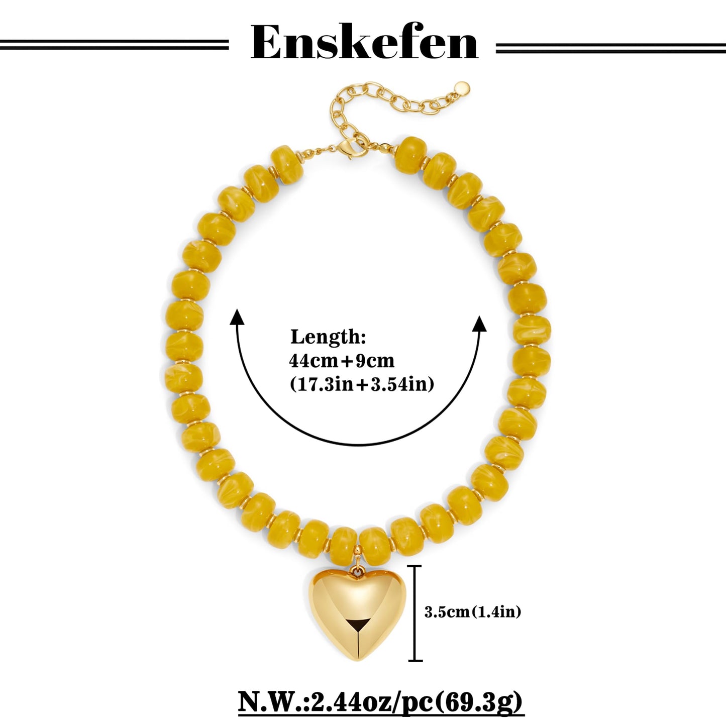 ENSKEFEN Gold Heart Necklaces for Women Trendy Yellow Resin Acrylic Beaded Necklace Bohemia Bold Statement Necklace Jewelry
