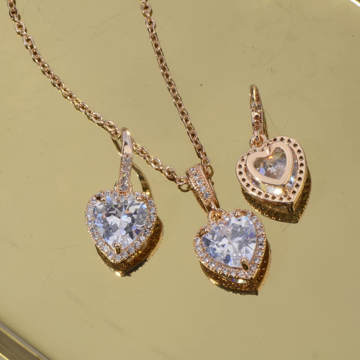 Mycitta Bridal Jewelry Set for Women - 925 Sterling Silver Dainty Small Love Heart Shape CZ Crystal Cubic Zirconia Rhinestone Necklace Earrings Set for Wedding Party Prom Gold Tone