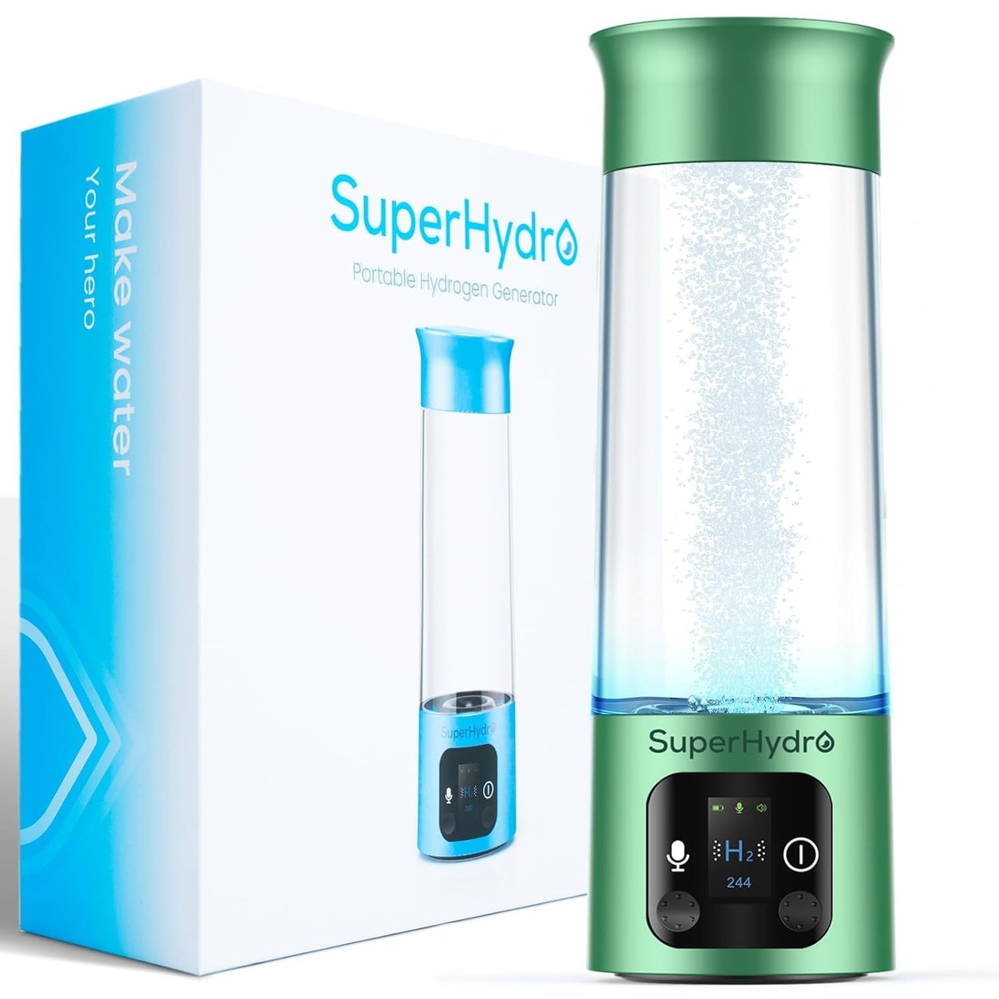 Hydrogen Water Bottle Generator - Up to 6+ PPM Concentration - SPE/PEM Technology - Water Ionizer Machine Suitable for Travel, Daily and Office Drinking - 12oz (Green)