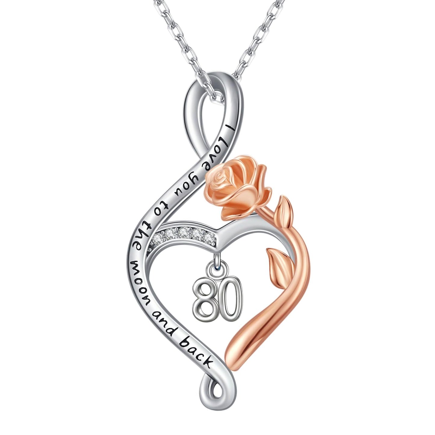 KoyeKei 80th Birthday Gifts for Women 80 Year Old Necklace 925 Sterling Silver Rose Flower Heart Infinity Pendant Jewelry Birthday Mothers Day Gift for Nana Granddaughter