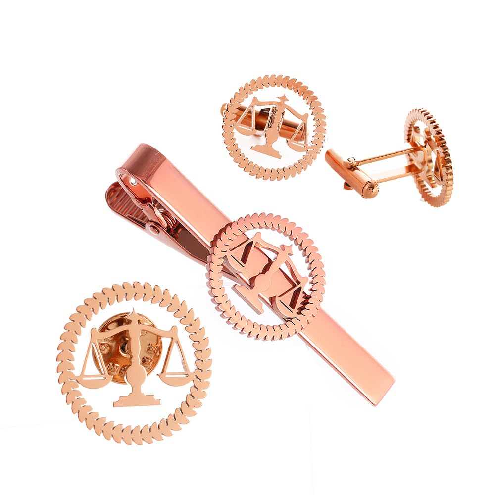 Metal Balance Badges Suit Brooch Libra Scales Brooches For Men (rose gold pin+tie clip+ cuff-link)