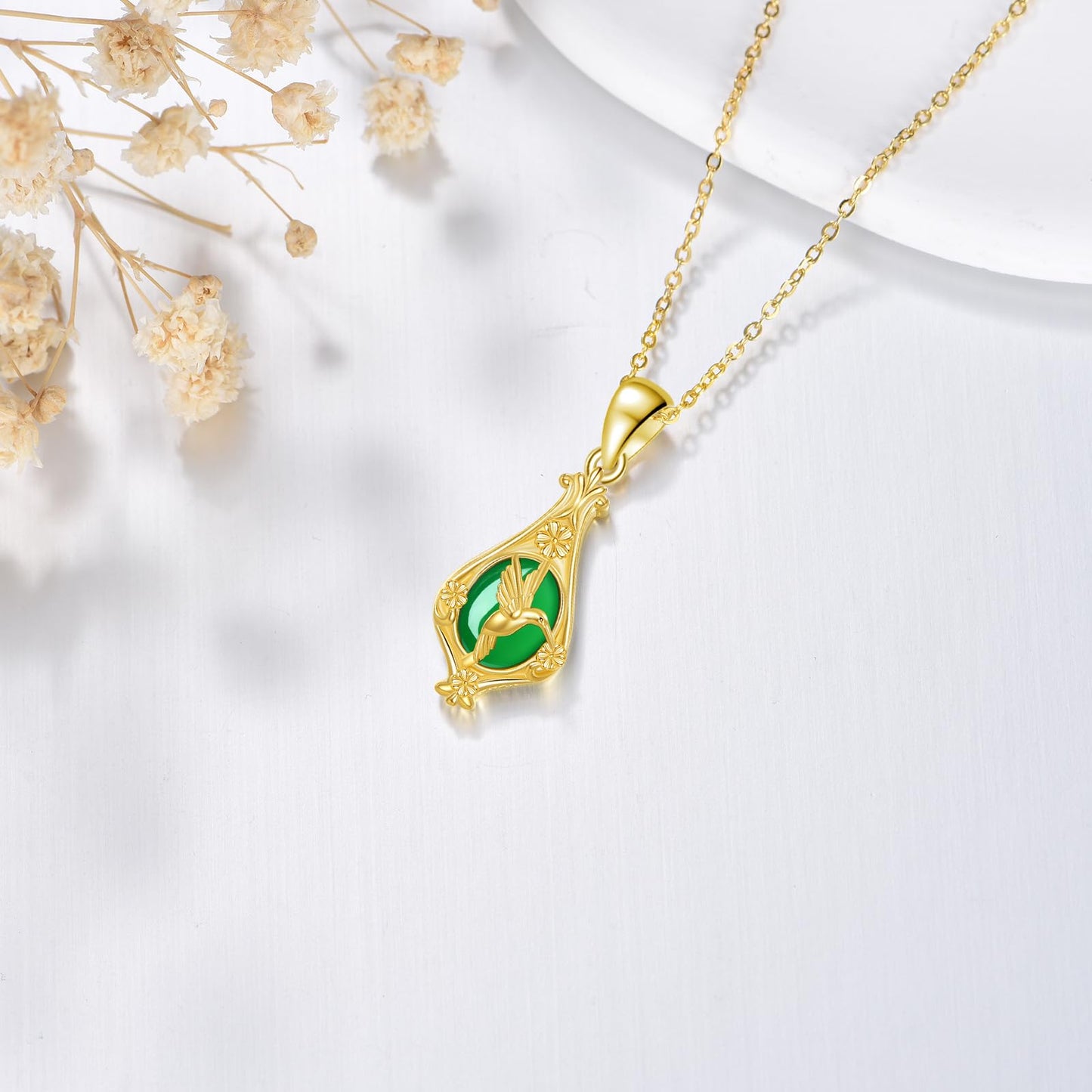 YAFEINI Hummingbird Necklace S925 Sterling Silver Jade Hummingbird Pendant Necklaces Hummingbirds Jewelry Gifts for Women Wife Mom