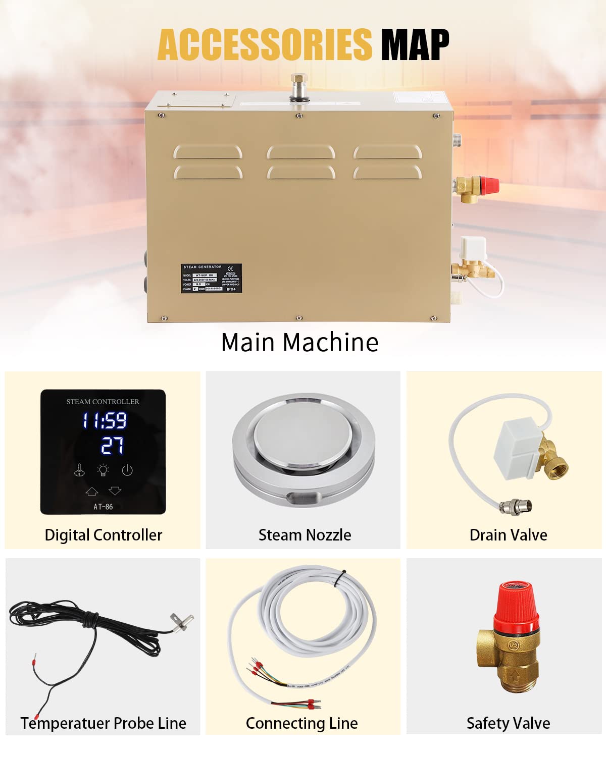 CGOLDENWALL 6KW Commercial Self-Draining Steam Generator Shower System Home Steam Bath Spa Generator 30 min to 12 Hours with Auto Drain 95-131℉ for Suitable Space Heating 6 m³/212 Cubic feet (6KW)