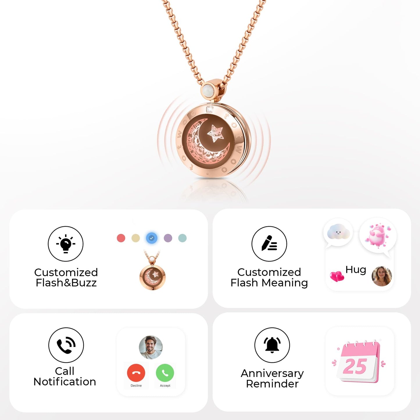 Single Long Distance Touch Necklace for Couples, Vibration & Light Up Smart Love Jewelry, Long Distance Relationship Gifts for Girlfriend Boyfriend Her Him, One-to-One Bluetooth Pairing via the Companion App,Gold Moon