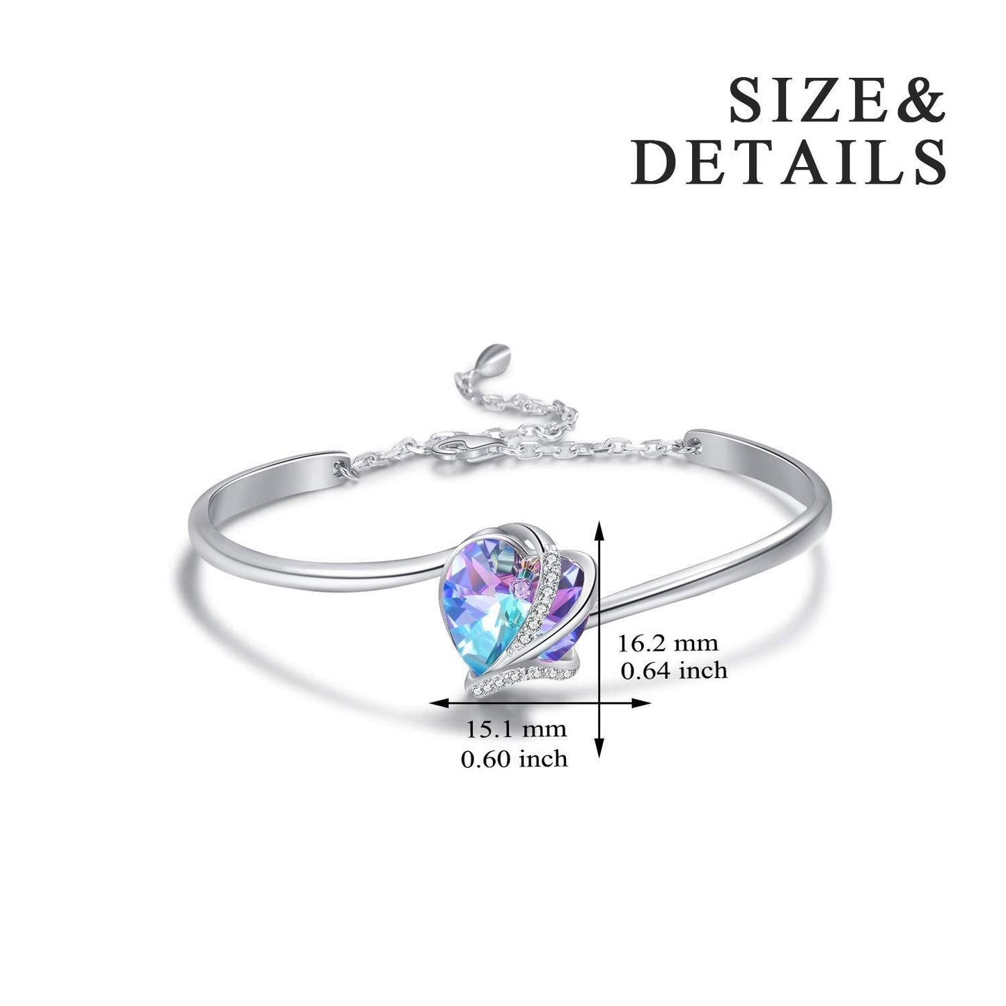 AOBOCO Love Heart Bangle Bracelet Sterling Silver Women Bracelet Embellished with Blue-purple Crystals from Austria, Fine Anniversary Birthday I Love You Jewelry Gifts for Wife Girlfriend Daughter