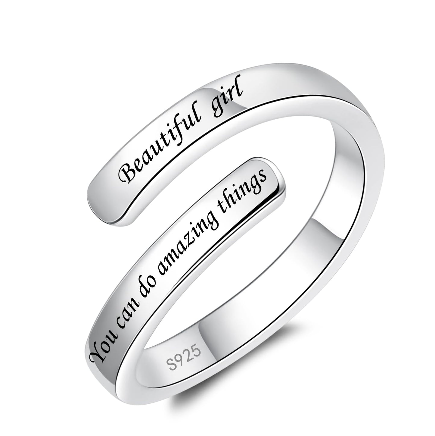 925 Sterling Silver Inspirational Jewelry Adjustable Wrap Open Ring Encouragement Gift for Women(Beautiful * you can do amazing things)