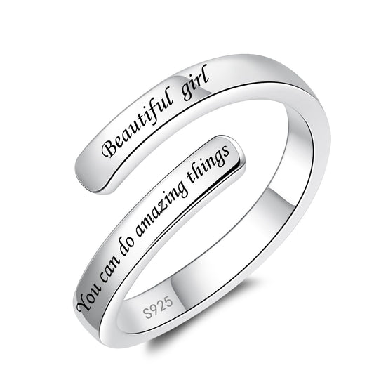925 Sterling Silver Inspirational Jewelry Adjustable Wrap Open Ring Encouragement Gift for Women(Beautiful * you can do amazing things)