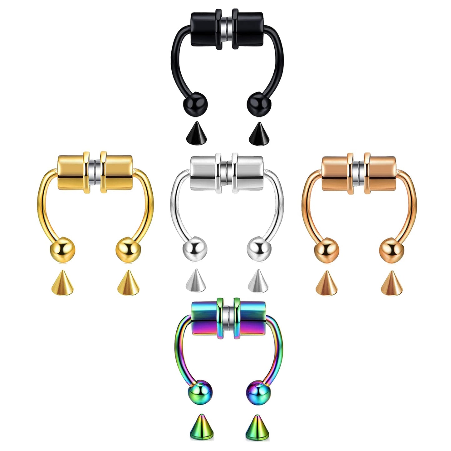 VitaCool Magnetic Septum Nose Ring Horseshoe Stainless Steel Faux Fake Septum Fake Nose Rings Non Piercing Clip On Nose Hoop Ring Nose Jewelry for Women Men (T5-Piece set)