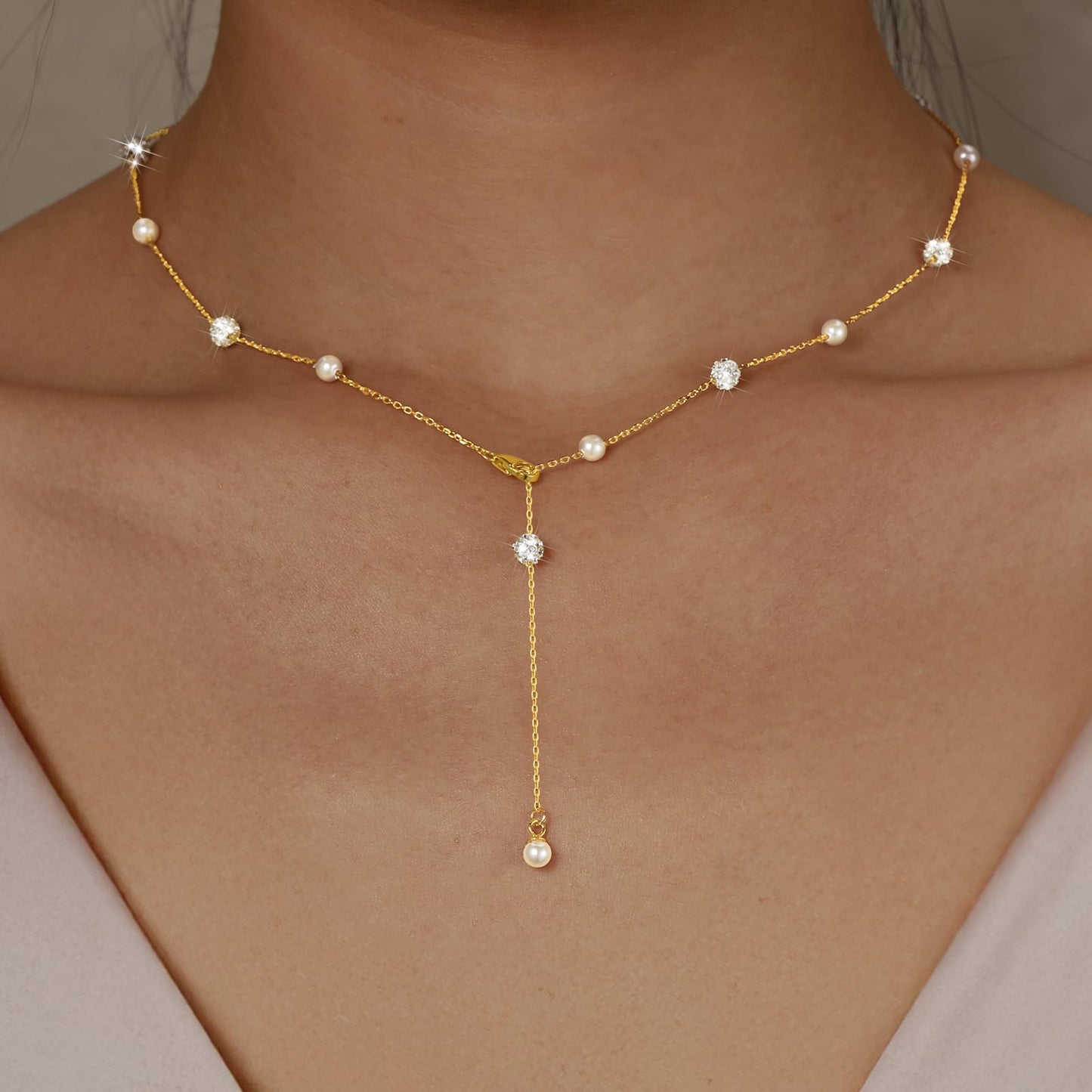 UTISUVIKO Lariat Necklace for Women,Dainty Long 14K Gold Plated Y-Shaped Pearl Necklace 925 Sterling Silver Cubic Zirconia Crystal Ball Sparkle Necklace for Mother Daughter Bride Wedding Jewelry
