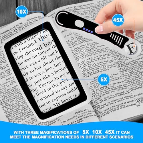Rechargeable Magnifying Glass with Light, 5X 10X 45X Large Page Magnifier with 20 LED Lights, Folding Handheld Dimmable Magnifier for Seniors Reading Books and Small Print（Black & White）